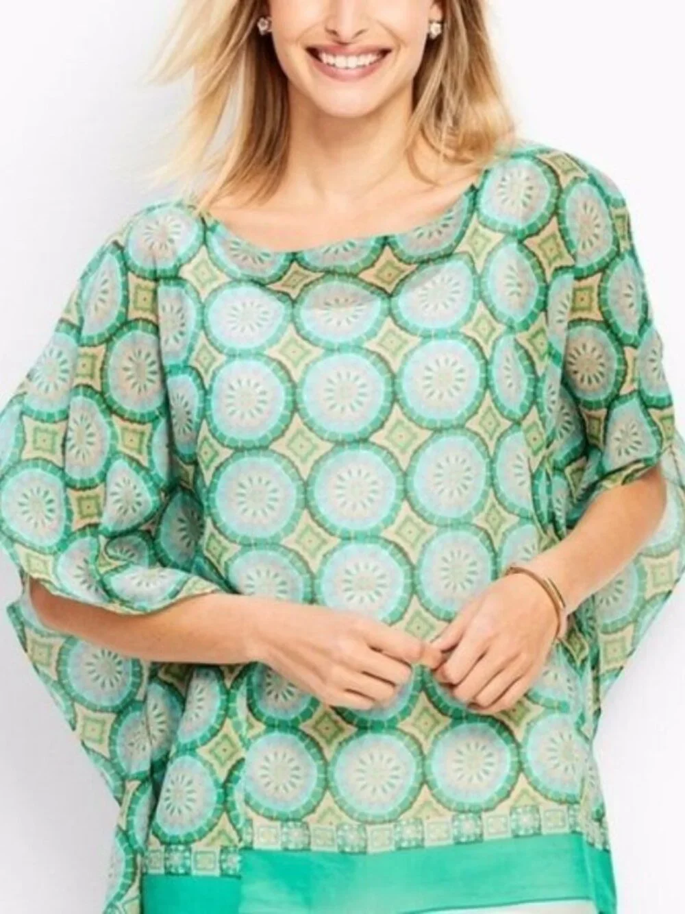 Talbots Light Green‎ Medallion Print Cotton Silk Blend Poncho Topper Size Medium